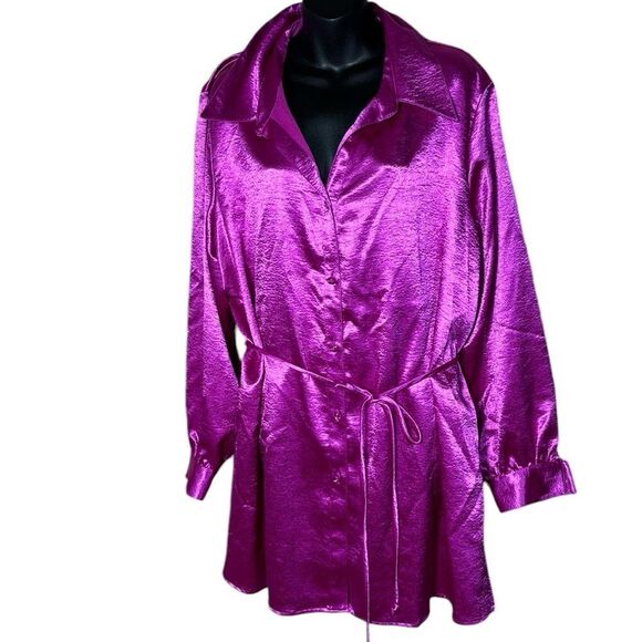 Susan graver women’s satin belted textured tunic blouse gemstone button 2x - Picture 1 of 6